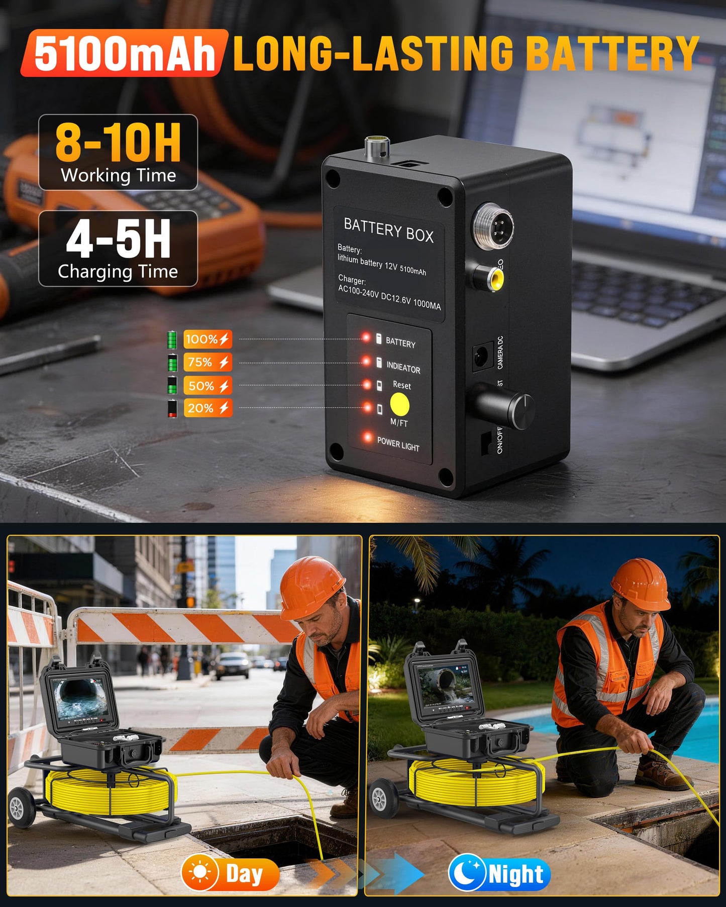 OKK Sewer Camera with 512Hz Locator, Professional 9" Self-Leveling Drain Camera 200ft, Distance Counter, 7mm Cable, Pull Handle, Wheels, IP68 Waterproof, DVR with Mic, 32GB Card, 5100mAh Battery