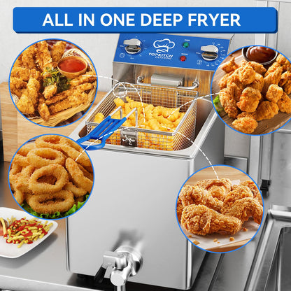 TOPKITCH 8.5Qt Electric Fryer with Oil Drain,30 Minutes Timer,Stretch forming oil tank,Lid and Solid Wire Mesh Basket,Medium Duty Commercial Electric Countertop Deep Fryers-120V,1800W