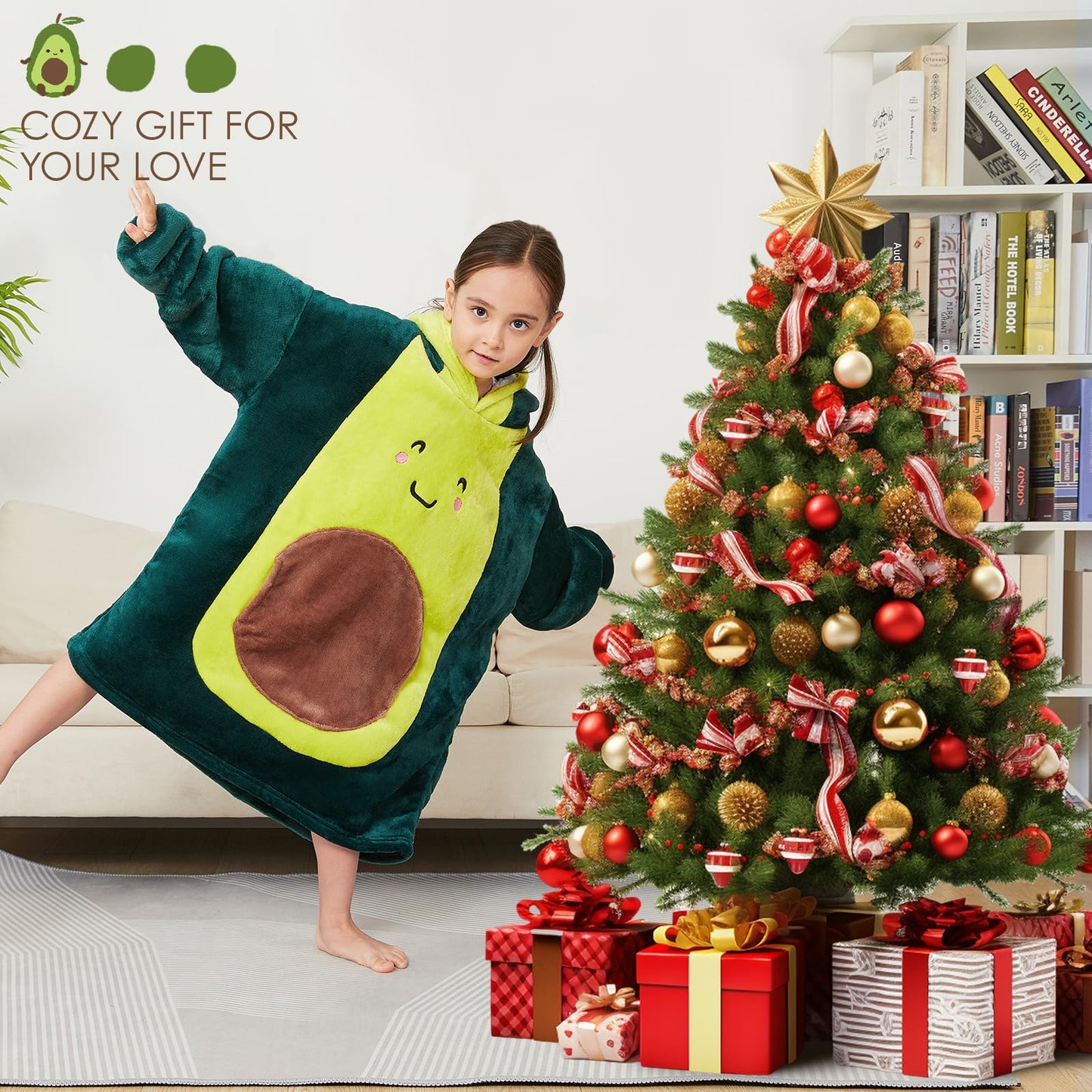 BRAFFWNE Avocado Blanket Hooded, Oversized Wearable Blanket Hoodie, Coverage with Easy Movement, Warm and Cozy Flannel Blanket, Gift for Kid, Teens, Men and Women