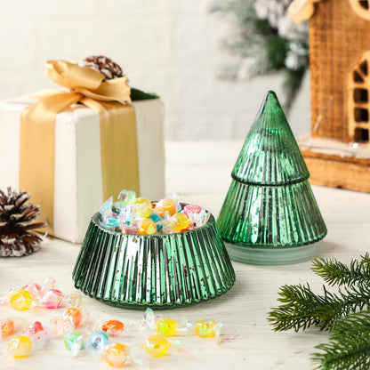 Vesici 3 Pcs 10 oz Christmas Tree Glass Candle Jars Mercury Glass Tree Decorative Xmas Empty Containers Bulk Refillable Storage for Christmas Holiday Candle Making Tea Biscuits Party Favors(Green)