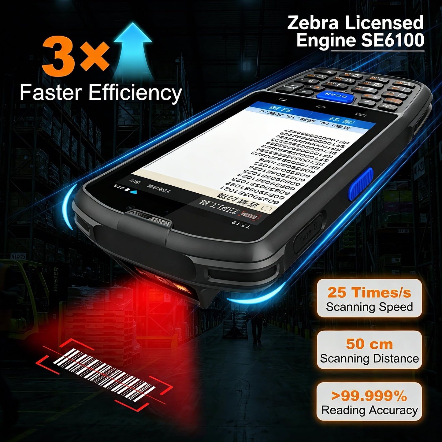 Farset F7-WiFi Android 14 Barcode Scanner PDA, 1D/2D/QR Scan Zebra Licensed Engine, WiFi, 5000mAh Removable Battery, IP67 Rugged for Warehouse & Logistics
