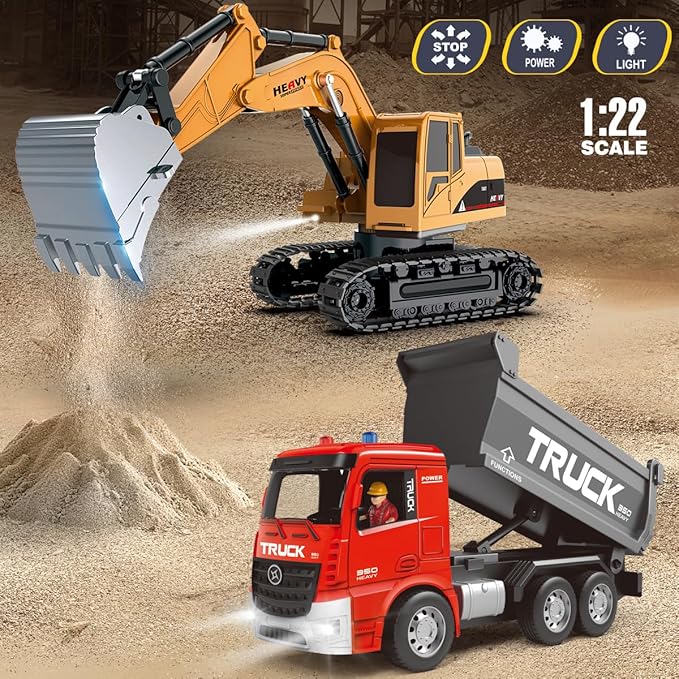 Remote Control Excavator and Dump Truck Toy Set - RC Excavator and Dump Truck with Lights and Sounds - Rechargable Digger Car Construction Vehicles Toy Set Gifts for Boys Kids