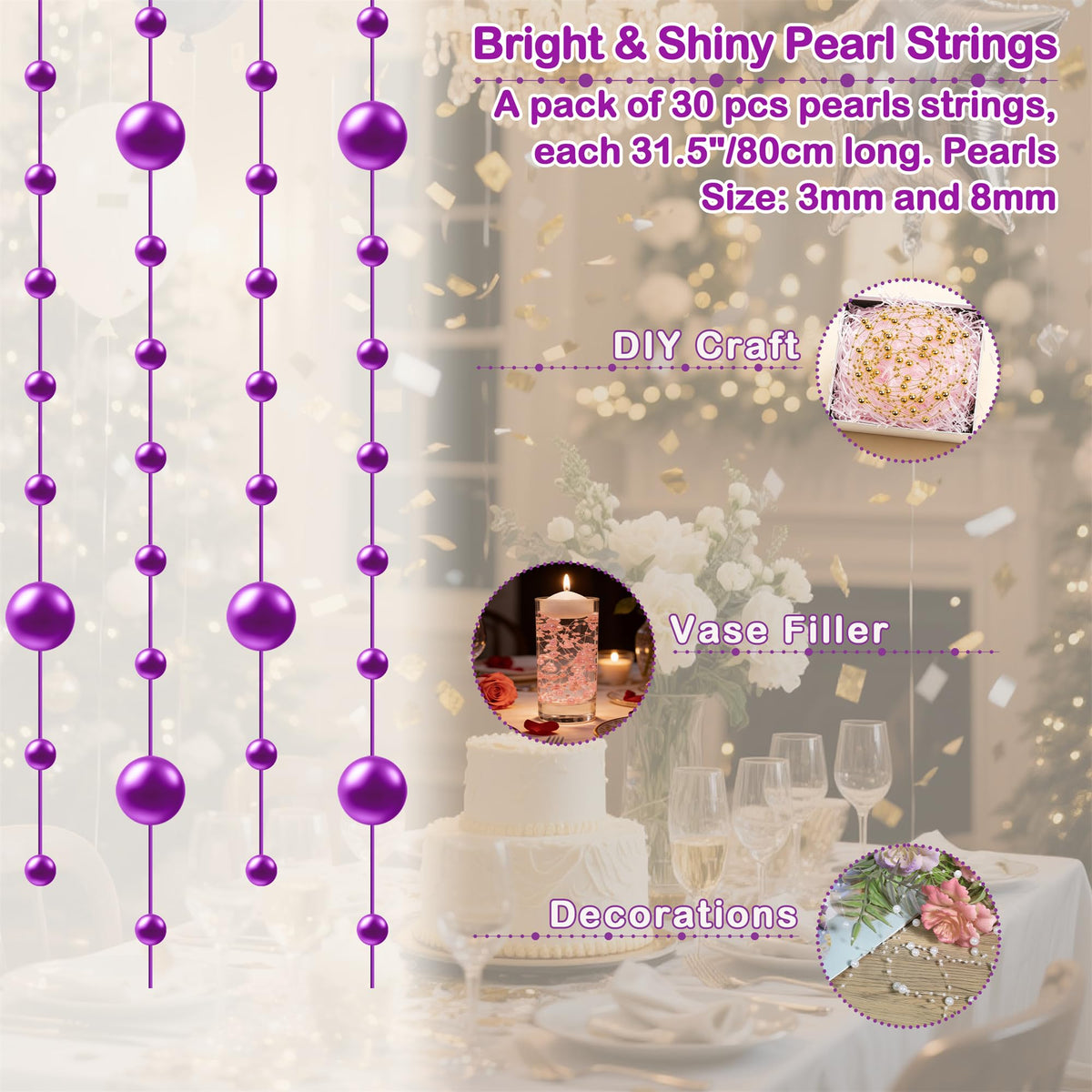 YATOJUZI 30 PCS Artificial Pearl String Purple Vase Filler Floating Pearls for Vases Centerpieces Faux Pearl Beads String Decorations Wedding Holiday Party Decor