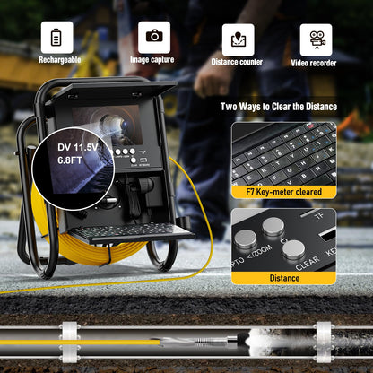 Sewer Camera 100ft Sewer Inspection Camera with Distance Counter and Keyboard 7" Screen IP68 Waterproof Industrial Endoscope Snake Camera 17MM Drain Pipe Inspection Camera