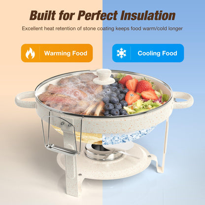 WARMOUNTS 5QT Chafing Dishes for Buffet Set, White Maifan Coated Stainless Steel Food Warmers for Parties Catering, Stackable Buffet Servers with Glass Lid & Holder 4 Pack