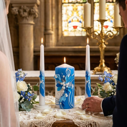 Magik Life Unity Candle Set - Wedding Ceremony & Reception – 6” Pillar & Two 10” Taper Candles – Long Burning Unity Candles for Marriage Ritual – Handmade in USA –White | Royal Blue
