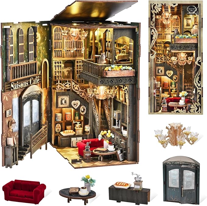 Book Nook Kit DIY Miniature Dollhouse Kit 3D Puzzles for Adults Tiny House Mini Home Craft Bookshelf Nook Puzzle Book Decor Gifts for Teenagers Book Lovers (Saisons Café)