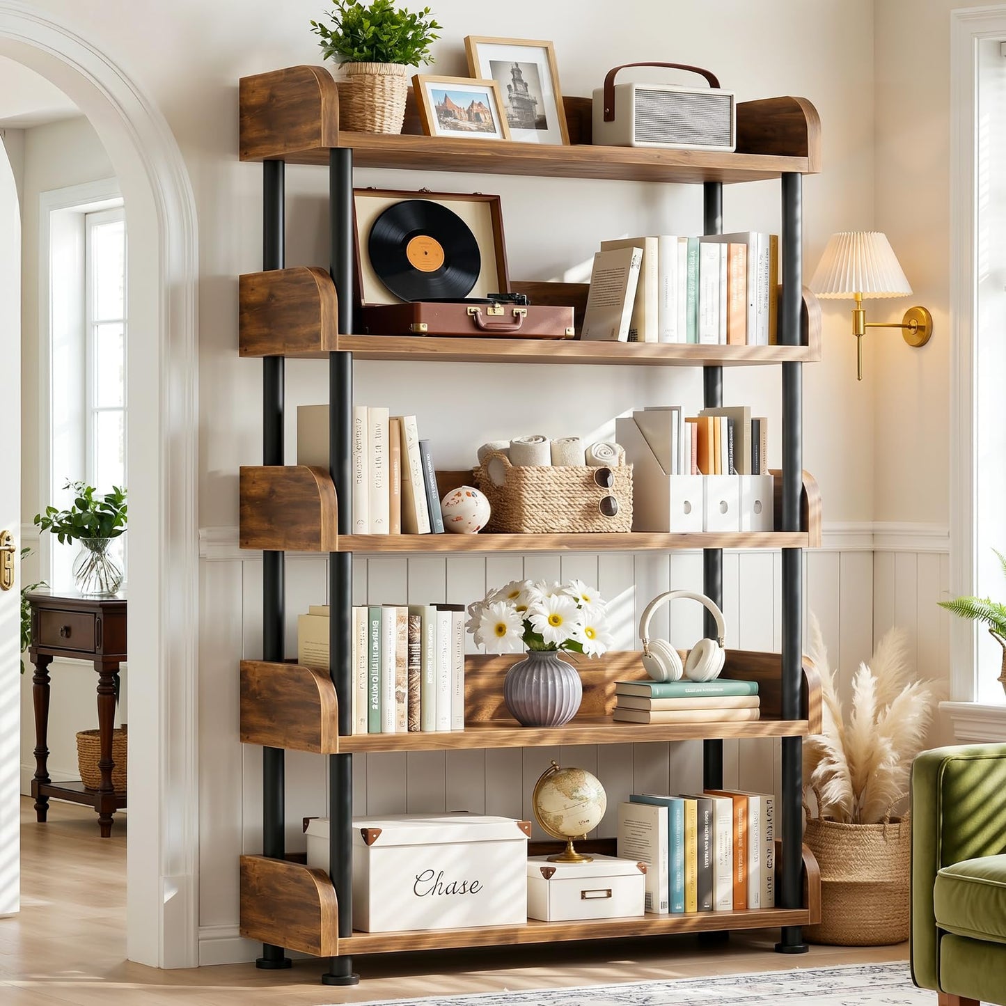 Aheaplus 5-Tier Tall Open Bookshelf, 31.5" Modern Display Bookcase with Top Edge and Pipe Metal Frame, Industrial Standing Book Shelves Metal Storage Rack for Living Room, Home Office, Rustic Brown