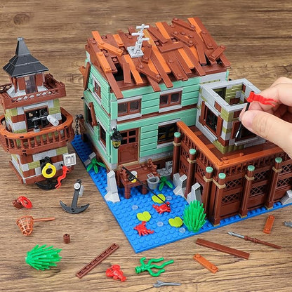 Fishing Village Store House Building Set with LED Light 1881 PCS Wood Cabin Mini Building Block STEM Architecture Toys Kit Birthday Gift for Adults Ages 8-12+ Years（Not Compatible with Set ）