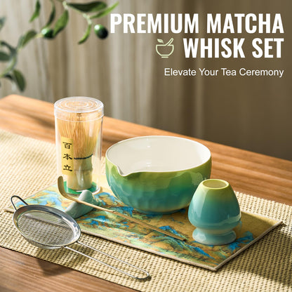 Matcha Whisk Set 7 Pcs, Matcha Kit with Bowl, Whisk and Holder, Bamboo Scoop, Scoop Rest, Sifter & Tea Towel, matcha Tea set Gifts for Matche Lovers Making Latte Breakfast
