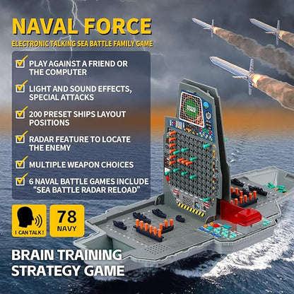 Talking Sea Battle Board Game with Light and Sound Effects Electronic Naval Battle Strategy Game with 200 Preset Ships Layout Logicality Training 1-2 Players Family Board Game (Gray)