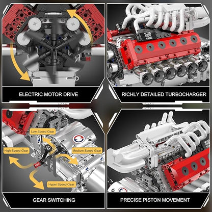 Mould King V12 Engine Model Kit That Runs - Motorized Mini Engines Building Blocks Set with Gearshift &amp Battery DIY Mechanic Engineering Kit Car Construction STEM Toy for Adults &amp Teens (136