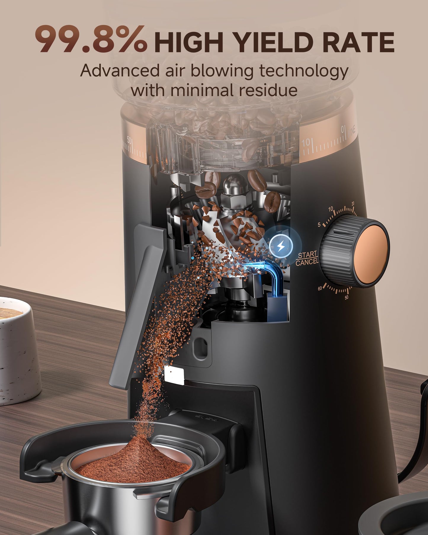 AMZCHEF Single Dose Coffee Grinder with 75 Settings & 40mm Burrs | Anti-Static Espresso Grinder for Home Use | Low Retention Magnetic Outlet | Quiet DC Motor | Vacuum Dosing Cup | LED Light