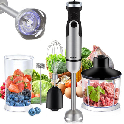 BioloMix Hand Blender 5 in 1 Immersion Blender 1000W, 6 Speed With Turbo Mode hand blenders immersion Stainless Steel Blade With 800ml Chopper, 600ml Mixing Beaker, Whisk and Milk Frother