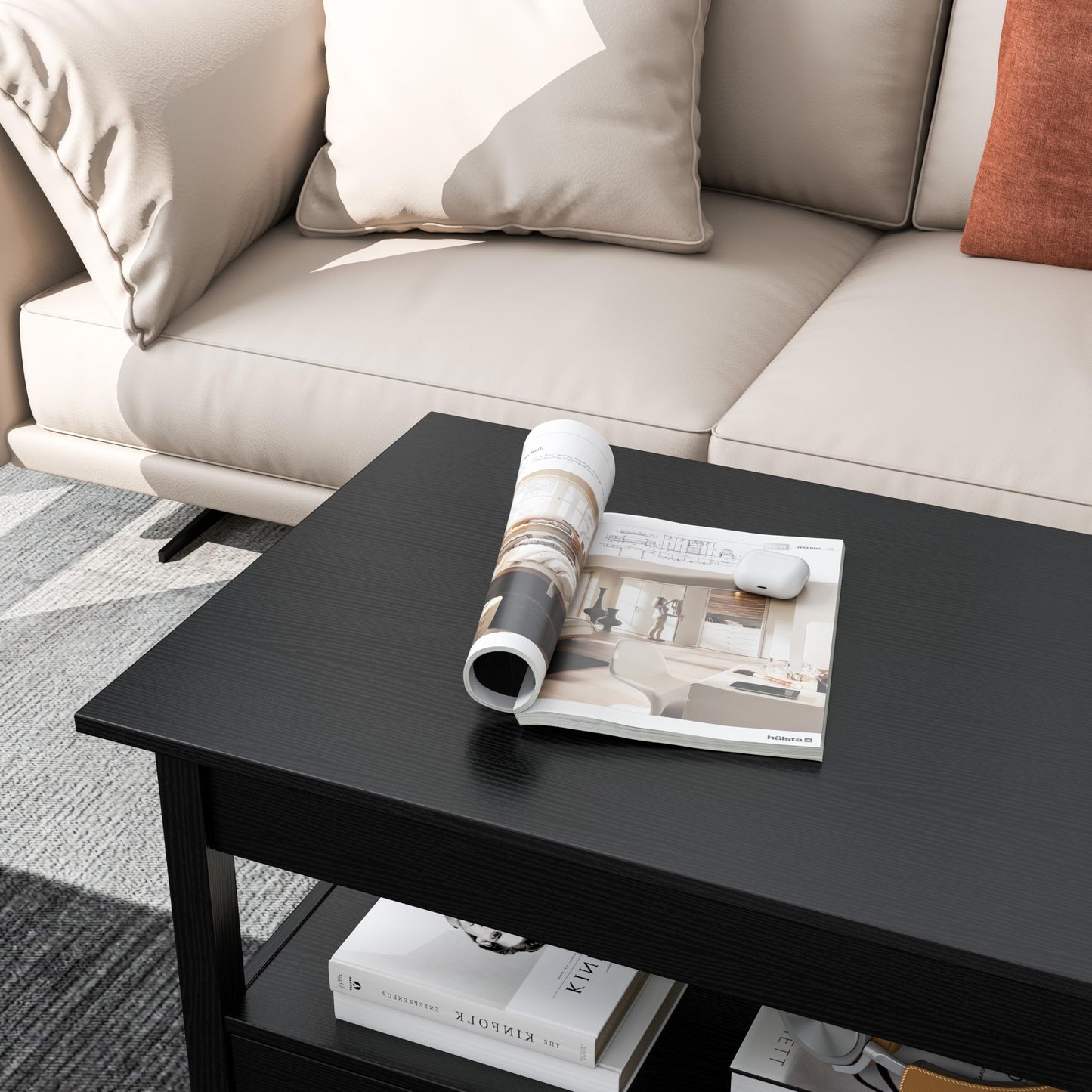 Panana Coffee Table, Lift Top Coffee Table with Hidden Compartment, 2 Drawers and 1 Open Shelf, Retro Central Wooden Table Lift Tabletop for Living Room (Black)