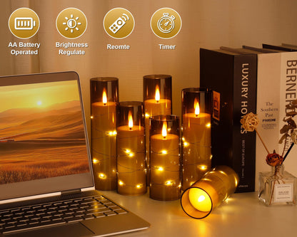 Enido Flameless LED Candles with Remote & Timer, Battery Operated Acrylic Pillar Set, 10 Pc Flickering Electric Lights with Embedded Star String for Cozy Home & Holiday Romantic Decor (Matte Grey)