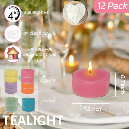 Scented Tea Light Candles 12 Pack Pastel Color Hand Poured Smokeless 4 Hours Clean Burning Small Round Clear Cups Tealight Candles for Romantic Dinners Wedding Centerpieces Cozy Evenings