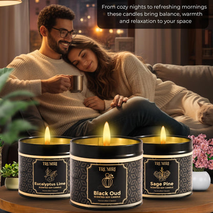 Candle Gift Set of 3 Black Oud|Sage Pine|Eucalyptus Lime Strong Scented Soy Candels Clean Non Toxic Velas Aromáticas Favors for Women Coworkers Friends Guests Also for Fall Diwali Christmas Holidays