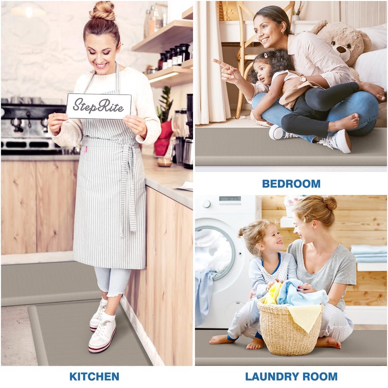 StepRite Kitchen Mats, 2PCS Kitchen Rugs, Cushioned Anti Fatigue Kitchen Mats for Floor, Non-Slip Standing Desk Mat, Waterproof Kitchen Rug Set for Kitchen, 20" x 32"+20" x 48"-Full 1 inch Thick,Khaki