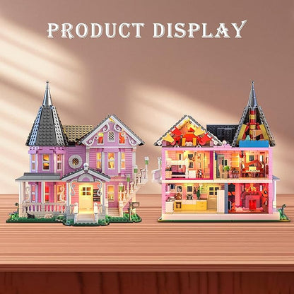Pink Palace House Building Set with Lights 1349PCS Halloween Haunted House Blocks Compatible with Lego Christmas Birthday Gifts for Kids Adults Aged 8+