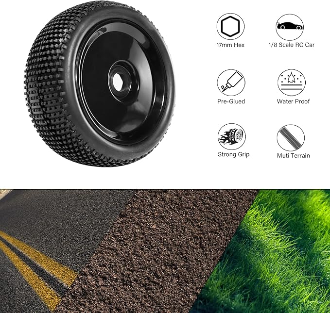 RC Station 17mm hex RC Wheels and Tires for Arrma Typhon Talion 6S 3S Team Losi 8Ight 1/8 RC Buggy Tires and Wheels Pre-glued Black 4PCS