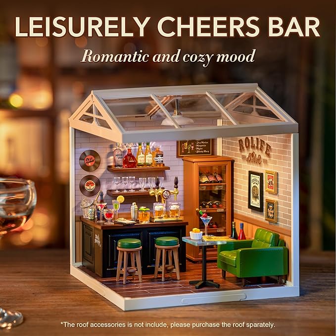 Rolife DIY Miniature Plastic House Building Set Toys Playset with LED Suitable for Mini Figures Construction Toys Diorama Kit Gifts for Teens Adults (Leisurely Cheers Bar)