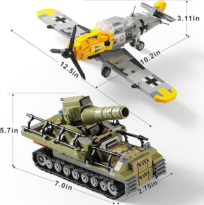 WW2 Military Toys Building Sets Compatible with Lego Create a BF109 Plane Fighter Jet &amp a Karl Giant Mortar Tank Great WWII Army Airplane Toy for Boys and Kids Age 8-12