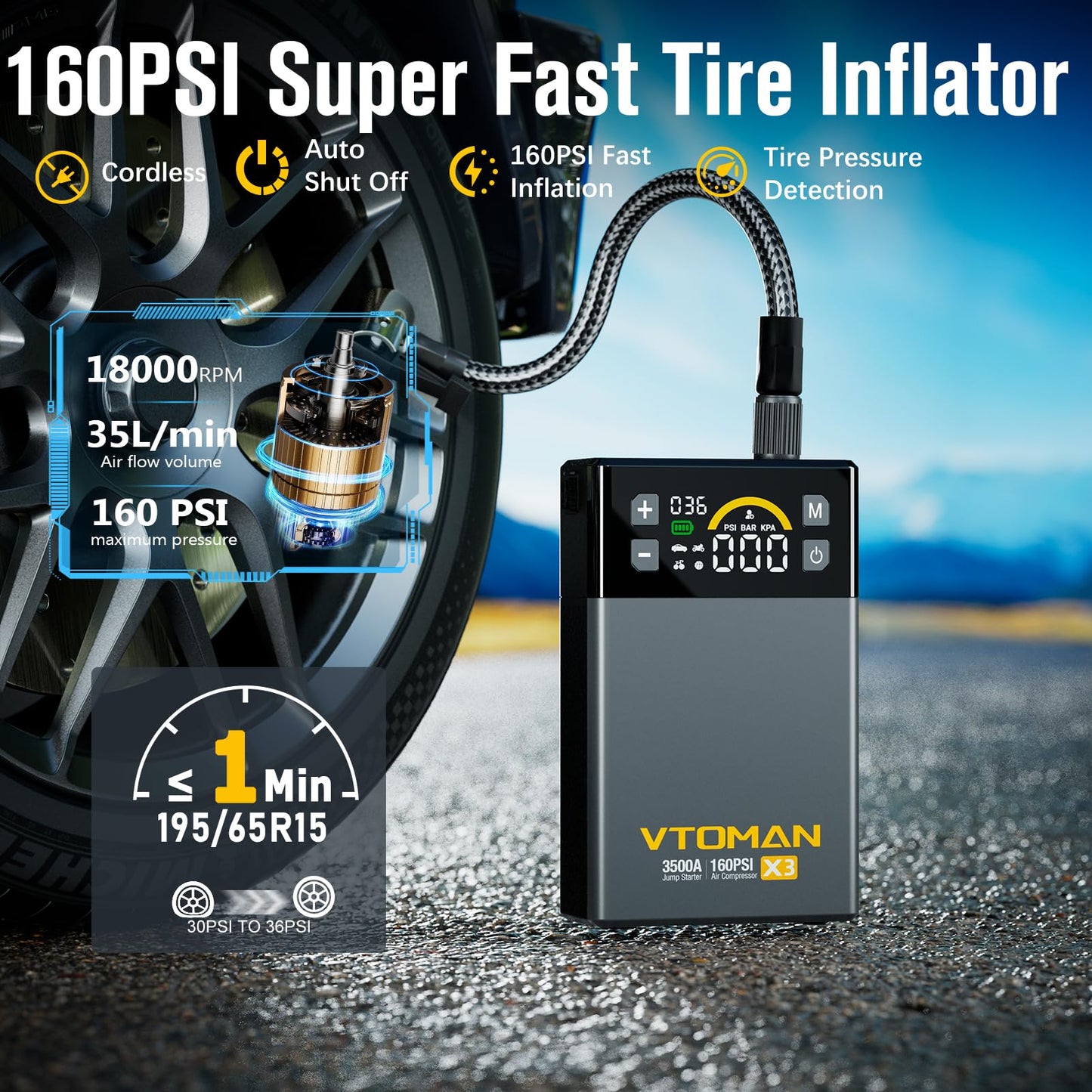 VTOMAN X3 Jump Starter with Air Compressor, 3500A Portable Car Battery Jumper Starter (9L Gas/8.5L Diesel Engines) with 160PSI Auto-Shutoff Tire Inflator, 12V Lithium Battery Booster Pack, Jump Box