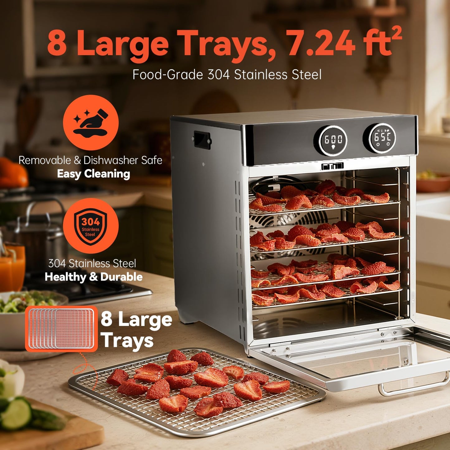 Food Dehydrator Machine, 8 Stainless Steel Trays, 7.24 Sq Ft Large Capacity Food Dehydrator, Precise Temperature Control & Timer, View Window, Dryer for Jerky, Herb, Fruits, Pet Treats