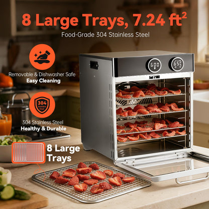 Food Dehydrator Machine, 8 Stainless Steel Trays, 7.24 Sq Ft Large Capacity Food Dehydrator, Precise Temperature Control & Timer, View Window, Dryer for Jerky, Herb, Fruits, Pet Treats