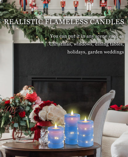 Da by 3 Pack Blue Real Wax Flameless Taper Candles, Lifelike Flickering LED Flame Candles with Surrounding Fairy String Lights, Soft Warm Battery Candles with Remote for Home Wedding Holiday Decor
