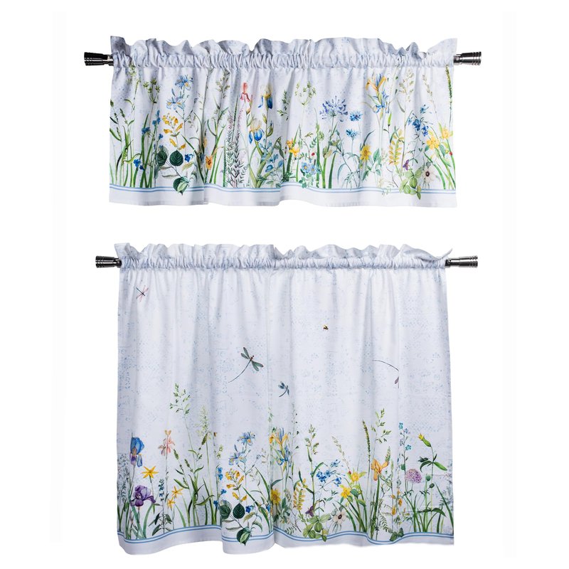 Maison d' Hermine Kitchen Curtain Set for Windows 100% Cotton Set of Kitchen Curtain Valance for Home [2 Tier (28"X36") and 1 Valance (56"X18")] Café Gifts for Mothers Day (Fleurs De Mai)