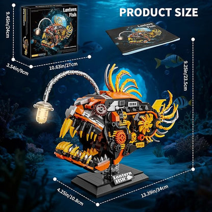 Mechanical Angler Fish Building Set with Light Creative Ocean Lantern Fish Animal Toy for Home Office Decor Compatible with Lego Shark STEM Gift for Adults Teens Boys 8-14+ (1022 PCS)