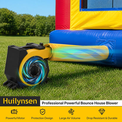 Huilynsen Air Blower for Inflatables 1.5 HP,Commercial Bounce House Blower with Double-Sided Fan Blade 1500 CFM PP Weatherpoof Blower Fan for Inflatable Water Slide,Paint Booth(Black&Yellow)
