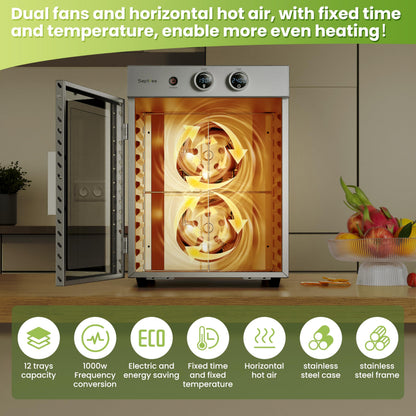 Food Dehydrators Machine with 12 Stainless Steel Trays with Timer Setting Temperature Adjusted 68 ℉ to 194 ℉ Dryer for Herb Fruit Meat Vegetables Mushroom Beef for Commercial Household Pitch Black