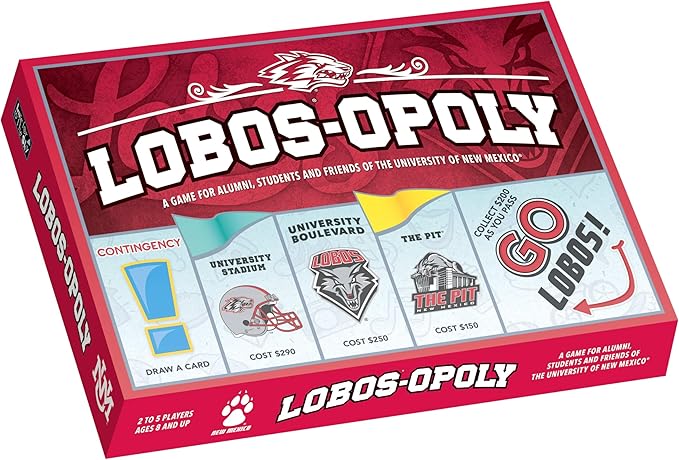 Late for The Sky Lobos-Opoly Board Game - University of New Mexico UNM Lobos Family Board Game Campus Properties Ages 8+ 2-6 Players Traditional or 1-Hour Play