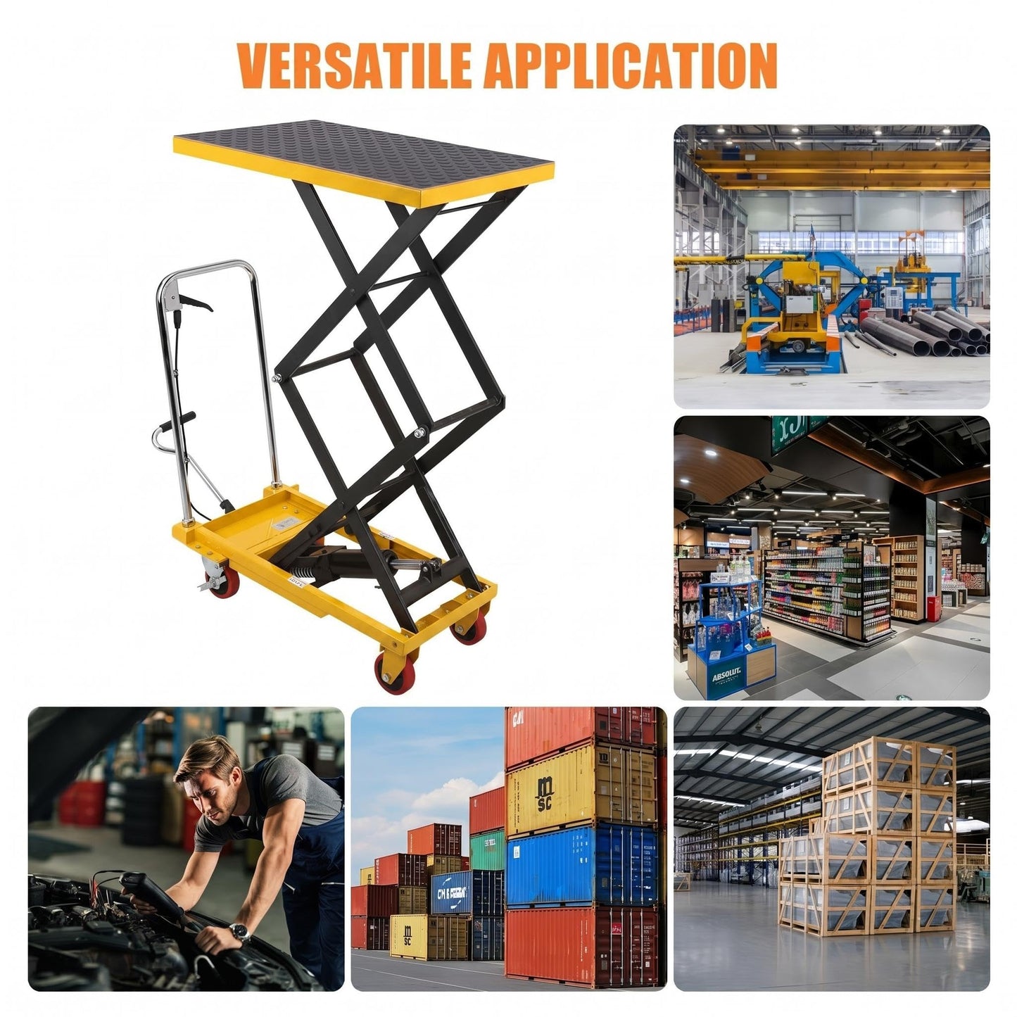 Hydraulic Double Scissor Lift Table Cart, 330 LBS Load Capacity, 50" Adjustable Height, Non-Slip Platform & 4 Universal Wheels, Heavy Duty Lift Table for Material Handling, Yellow