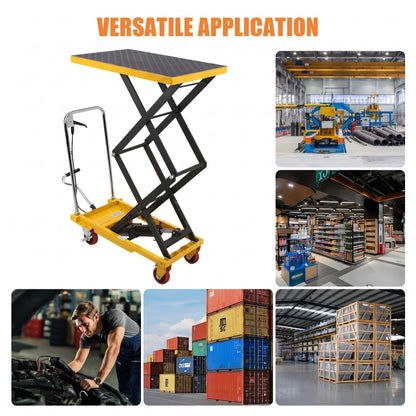 Hydraulic Double Scissor Lift Table Cart, 330 LBS Load Capacity, 50" Adjustable Height, Non-Slip Platform & 4 Universal Wheels, Heavy Duty Lift Table for Material Handling, Yellow