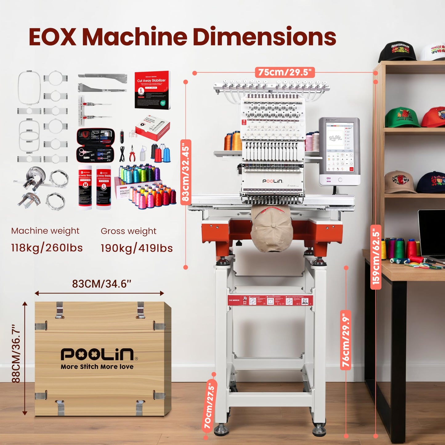 Poolin EOX 15-Needle Embroidery Machine for Mid-Range Business,20"x14" Embroidery Area,270° Hat Cap System,Commercial Multi-Needle Embroidery Machine,WiFi &USB,1200 SPM for Apparel & Hat Production