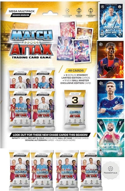 Match Attax New Mega Multipack 25/26 Soccer Cards Includes 48 Cards + 3 LE Cards + Bundle with Hassentials Sticker 2026 Soccer Cards
