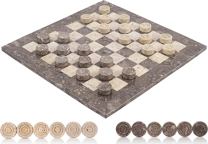 Marble Checkers Set 15 Inches Handmade Oceanic &amp Travertine Checkers Board Game with Checker Pieces - Board Games for Adults Game Table Accessories Gifts &amp Home Décor