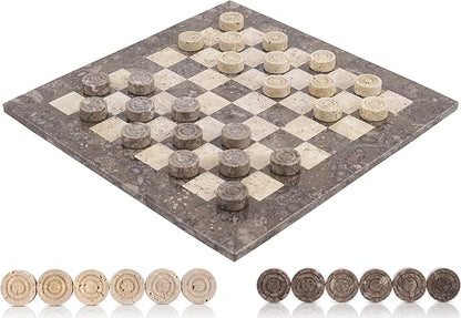 Marble Checkers Set 15 Inches Handmade Oceanic &amp Travertine Checkers Board Game with Checker Pieces - Board Games for Adults Game Table Accessories Gifts &amp Home Décor