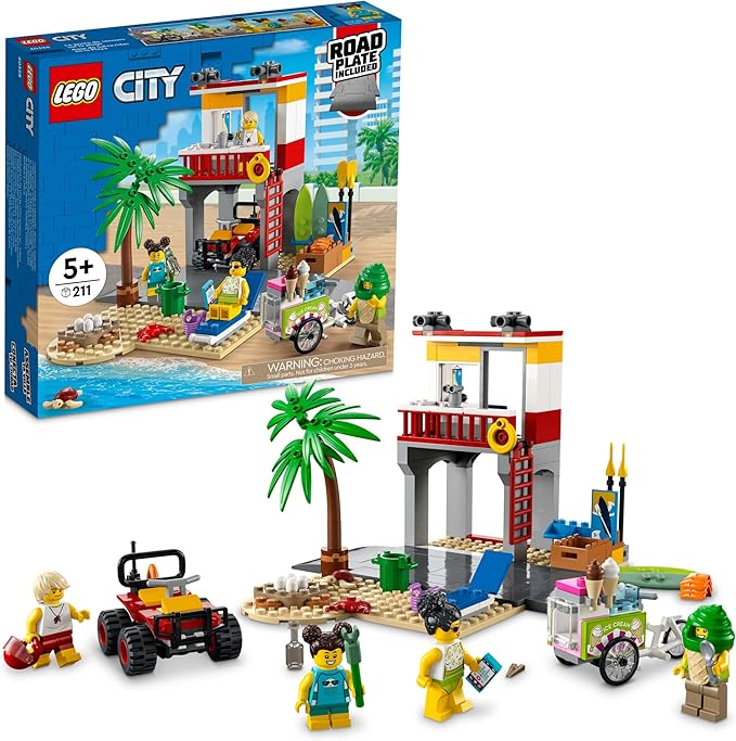 LEGO City Beach Lifeguard Station 60328 Building Kit for Ages 5+ with 4 Minifigures and Crab and Turtle Figures (211 Pieces)