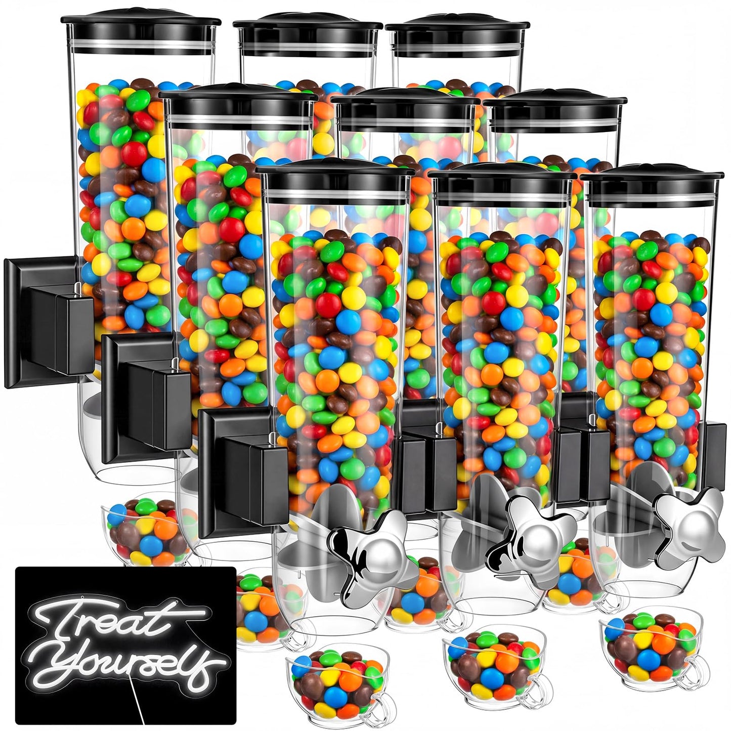 Lounsweer 9 Pcs Wall Mounted Cereal Dispenser with 1pcs Treat Yourself Neon Signs 13.5 L Candy Machine Grain Dispenser Neon Snack Sign Wall Mount for Home Kitchen Food Store Birthday Gift Party Decor
