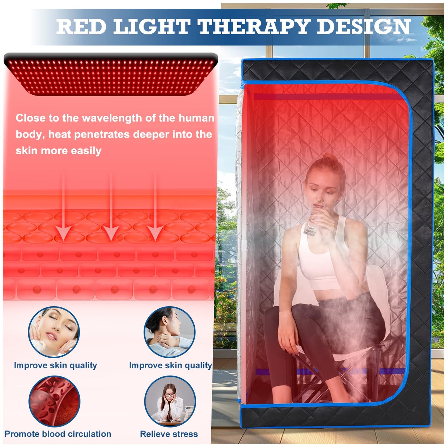 Smartmak Portable Steam Sauna, Full Body Sauna Tent for Home, 1 Person Steam Sauna Box with 660nm Red Light Therapy, 3L&1100W Sauna Steamer, Folding Chair