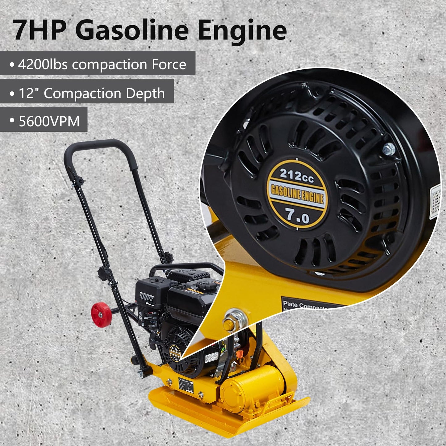 7HP Plate Compactor, Plate Compactor Tamper with 212cc Gas Engine 5,600 VPM, 4200 Lbs Force Vibratory Compaction Tamper with 22.1 x 15.9 Inch Plate for Walkways, Patios, Asphalts, Paver Landscaping