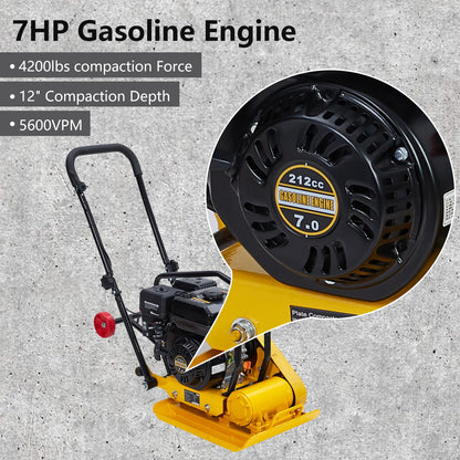 7HP Plate Compactor, 212CC Gas Engine, 4200lbs Power Jumping Jack Tamper, 22.1x15.9 in Plate Compaction Force Rammer Jumping Jack Tamper, 5600 VPM Pavement Compactor for Asphalts, Walkway