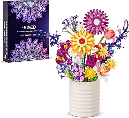 Flowers Bouquet Building Set Gift for Valentine's Day for Her Faker Flower Compatible with Lego Flowers Botanical Collection for Adults Women Girl Wife Home Office Shelf or Room Decor