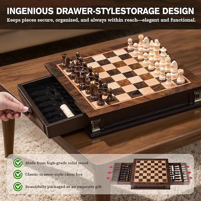 Peradix Magnetic Chess Set with 2 Built-in Storage Drawers 12 inch Wooden Strategy Board Games 2 Extra Queens Travel Magnet Chess Game for Adults Kids and Family Game Night Gift Package