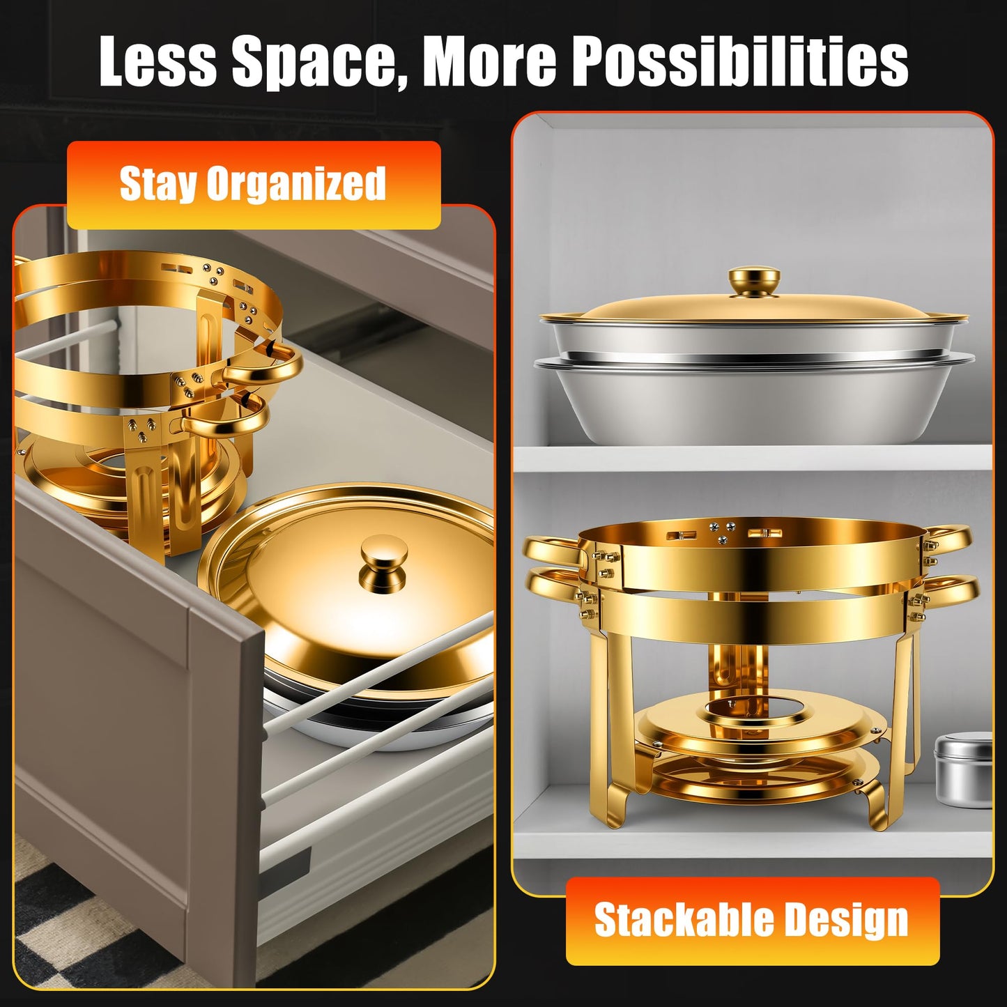 Chafing Dishes Buffet Food Warmer - Parties Servers Trays Catering Dish Warming Display Set - Chafers Keep Warm Serving Tray Round Heating Kit with Burners 4 Set Gold